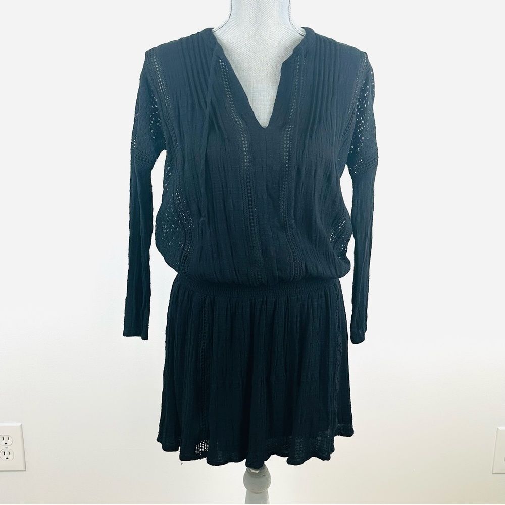 Free People Black Boho Peasant Dress SZ XS Long Sleeve Textured Mini Lined